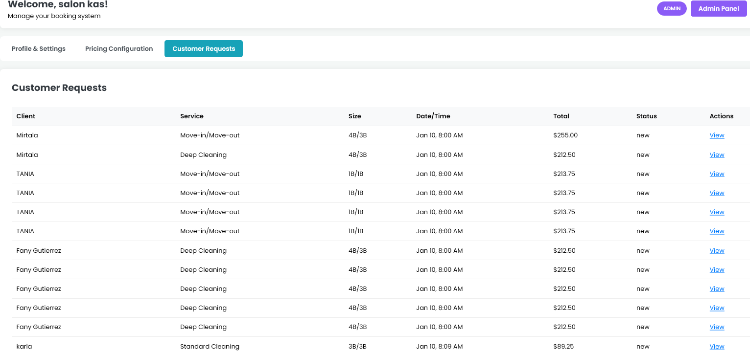 Admin booking dashboard